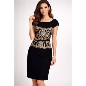 ADASHI SHOJI BELTED SEQUIN LACE BLACK & GOLD NEOPRENE SHEATH DRESS SIZE 16